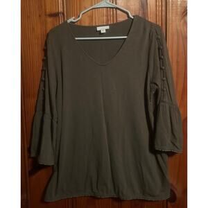 J. Jill women’s army green blouse bell sleeves boho v neck cold shoulder medium
